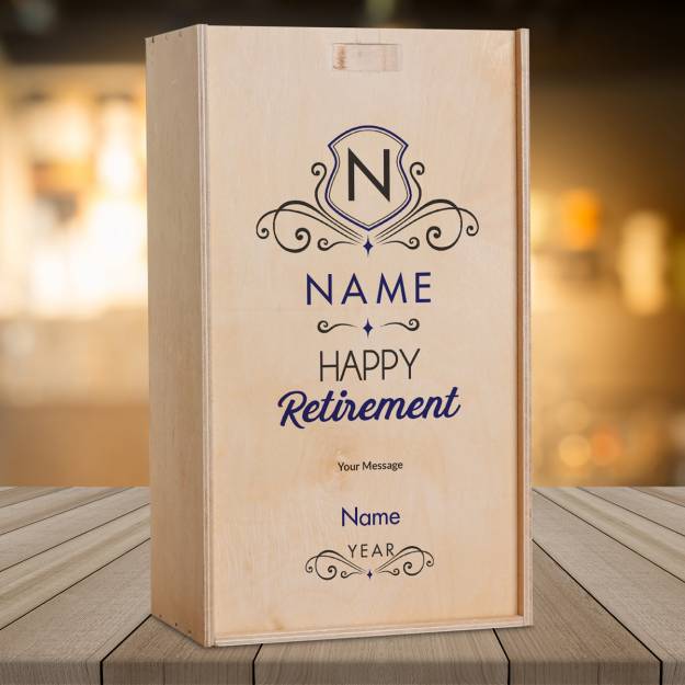 Happy Retirement Blue Personalised Wooden Double Wine Box (Includes Wine)