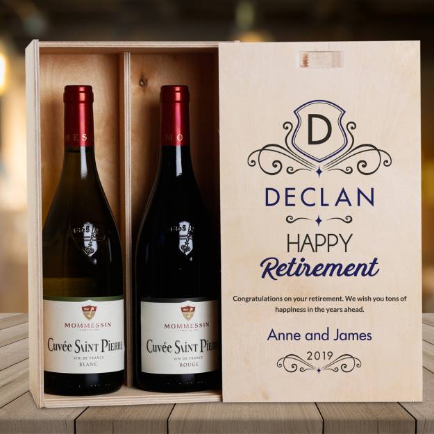 Happy Retirement Blue Personalised Wooden Double Wine Box (Includes Wine)