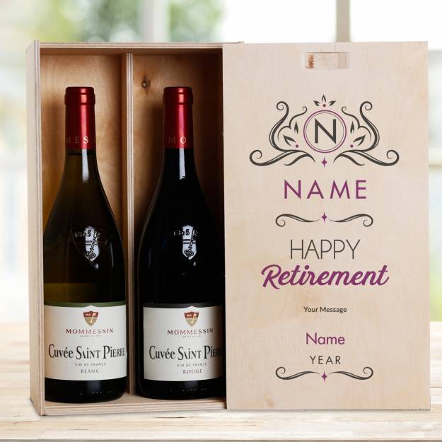 Happy Retirement Purple Personalised Wooden Double Wine Box (Includes Wine)