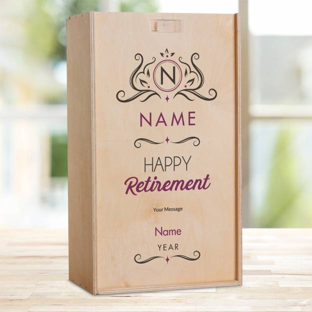 Happy Retirement Purple Personalised Wooden Double Wine Box (Includes Wine)