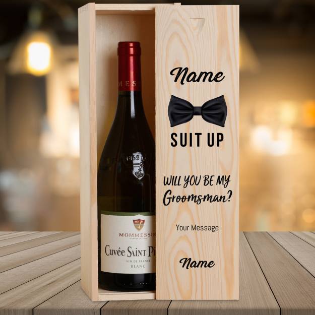 Suit Up Groomsman Personalised Wooden Single Wine Box (Includes Wine)