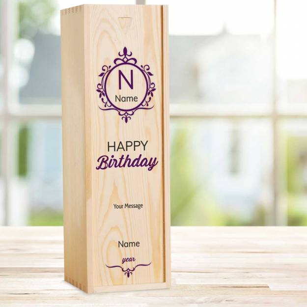 Name And Initials Happy Birthday Purple Personalised Wooden Single Wine Box