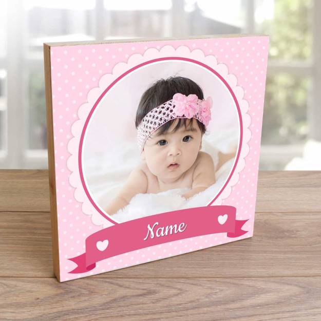 Any Photo Any Name Cute Pink Frame - Wooden Photo Blocks