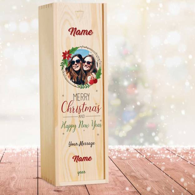 Any Photo Merry Christmas And Happy New Year Personalised Wooden Single Wine Box