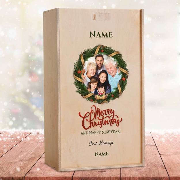 Any Photo Christmas Wreath Personalised Wooden Double Wine Box