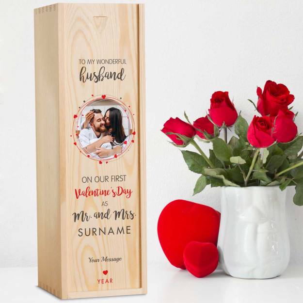 Our First Valentine's Day - Husband - Personalised Wooden Single Wine Box
