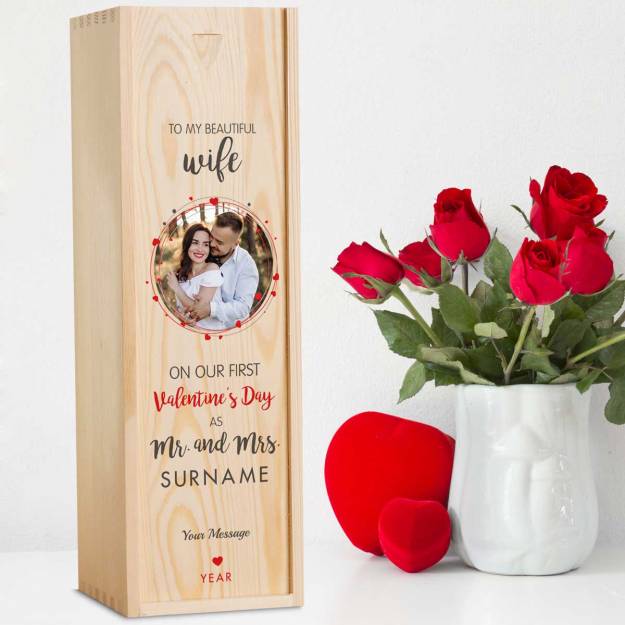 Our First Valentine's Day - Wife - Personalised Wooden Single Wine Box