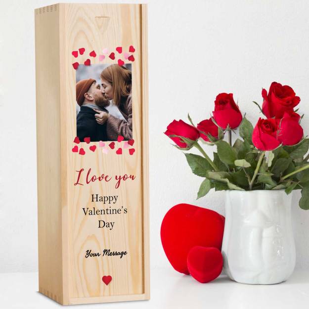 Any Photo Happy Valentine's Day Personalised Wooden Single Wine Box