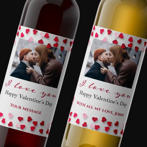 Any Photo And Message I Love You Hearts Personalised Wine
