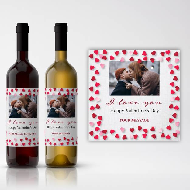Any Photo And Message I Love You Hearts Personalised Wine