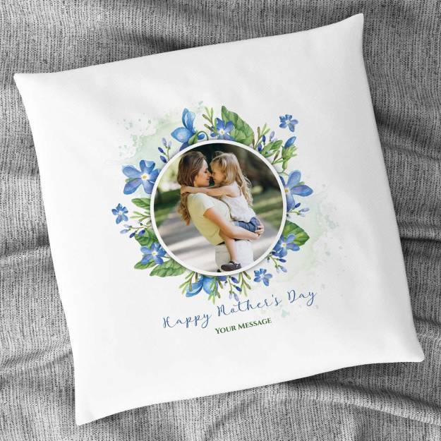 Happy Mother's Day Blue Flowers Personalised Square Cushion