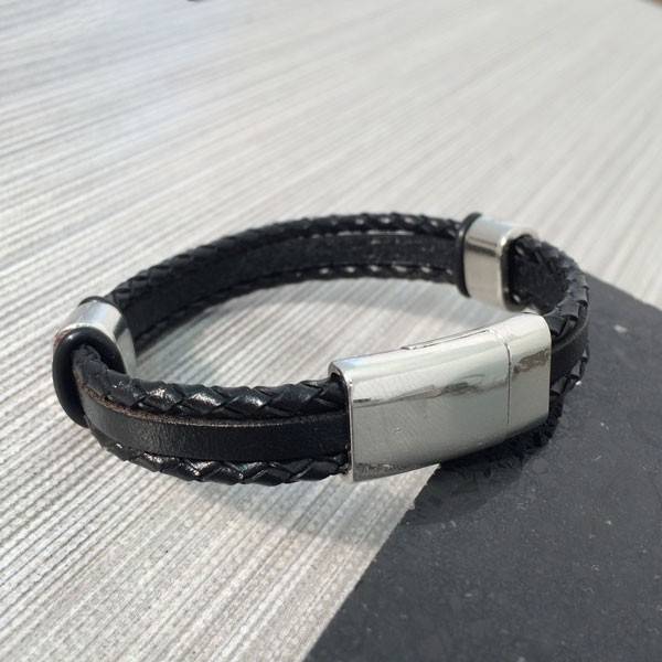 Engraved Bracelet for Men - Stainless Steel & Black Leather