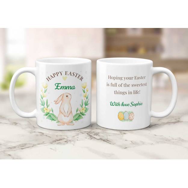 Happy Easter Bunny And Yellow Flowers - Personalised Mug