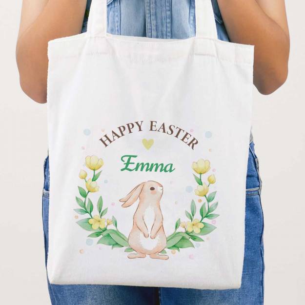 Happy Easter Bunny And Yellow Flowers Personalised Tote Bag