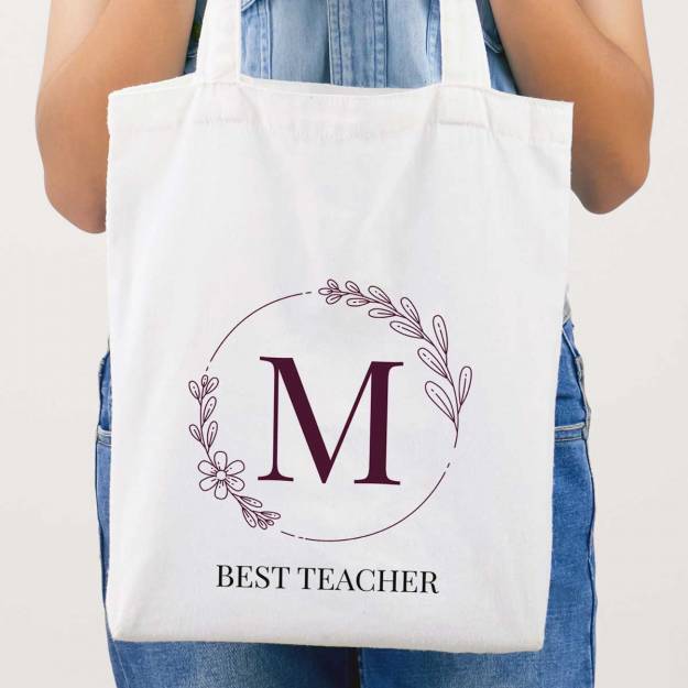 Any Initial And Message Flower And Leaves Personalised Tote Bag