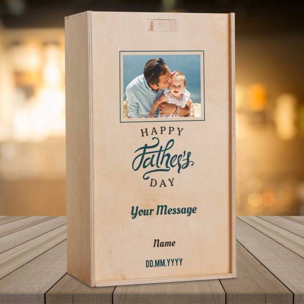 Any Photo And Message Happy Father's Day Blue - Personalised Wooden Double Wine Box