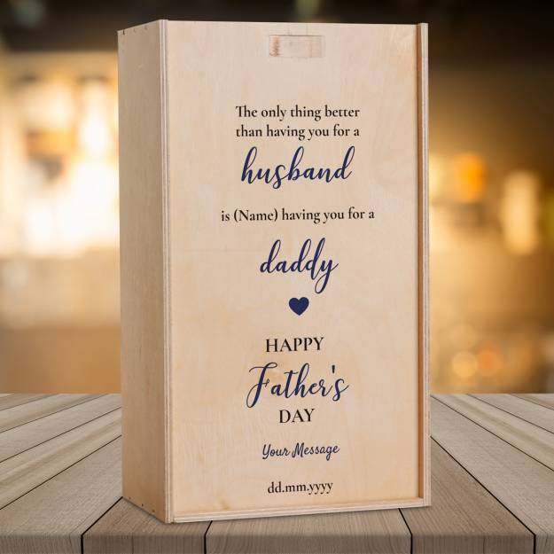 Any Message Happy Father's Day Husband And Daddy Blue - Personalised Wooden Double Wine Box