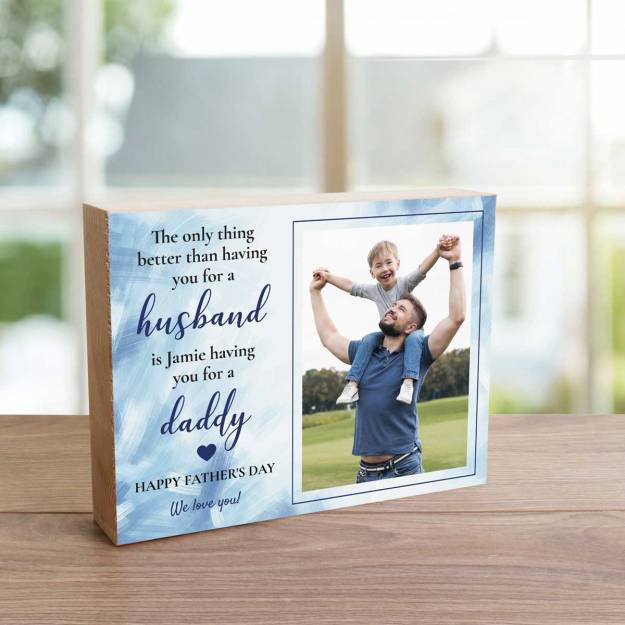 Any Photo And Message Happy Father's Day Husband And Daddy Blue - Wooden Photo Blocks