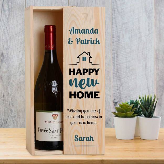 Any Name And Message Happy New Home Blue - Personalised Wooden Single Wine Box