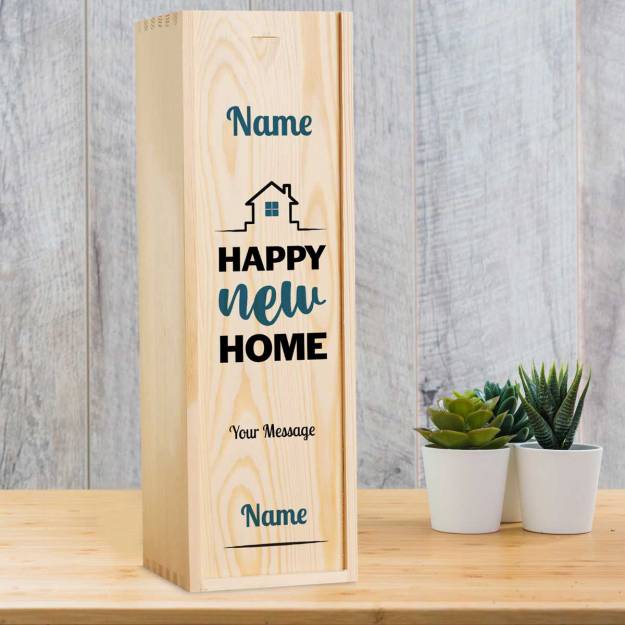 Any Name And Message Happy New Home Blue - Personalised Wooden Single Wine Box