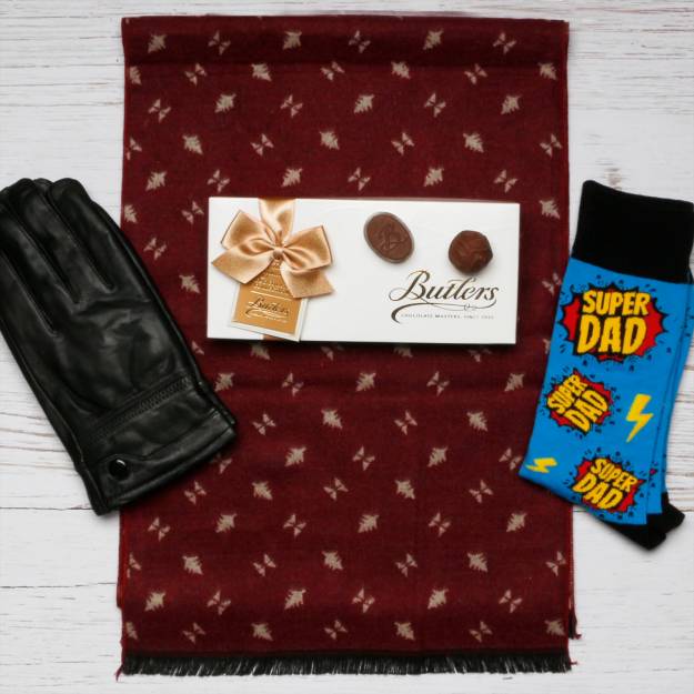 The Super Dad's Luxury Burgundy Scarf, Gloves, Socks & Chocs Hamper