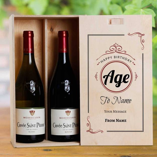 Age Design Birthday Personalised Wooden Double Wine Box (INCLUDES WINE)