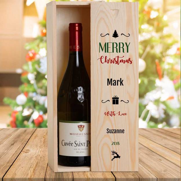 Merry Christmas Design 1 Personalised Wooden Single Wine Box (INCLUDES WINE)