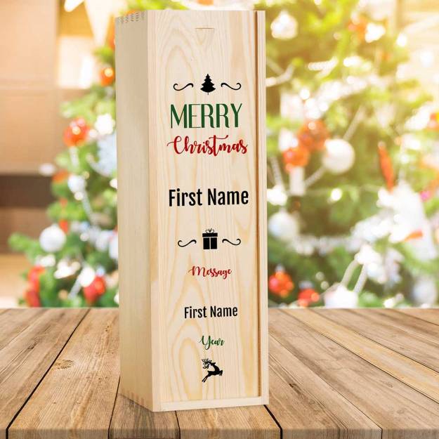 Merry Christmas Design 1 Personalised Wooden Single Wine Box (INCLUDES WINE)