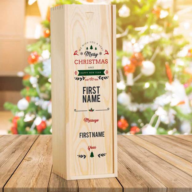 Merry Christmas Design 2 Personalised Wooden Single Wine Box (INCLUDES WINE)