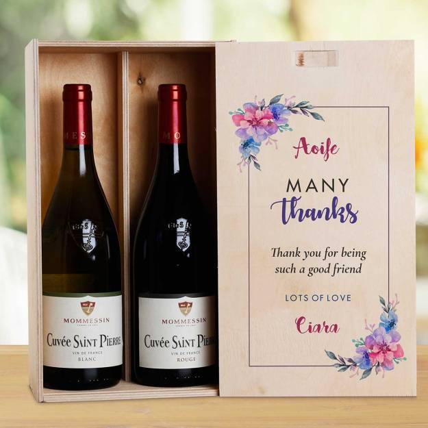 Many Thanks Flowers Personalised Wooden Double Wine Box (Includes Wine)