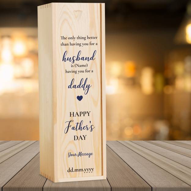 Any Message Happy Father's Day Husband And Daddy Blue - Personalised Wooden Single Wine Box