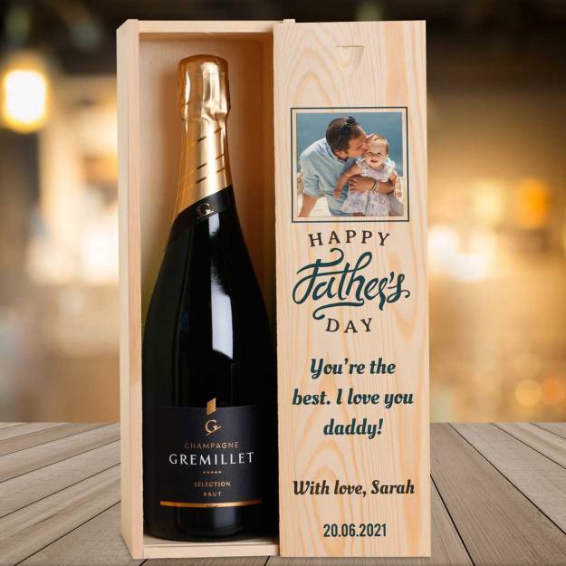 Any Photo And Message Happy Father's Day Blue - Personalised Single Champagne Box
