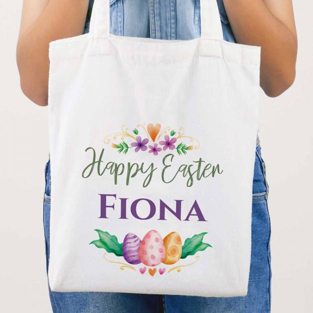 Happy Easter Any Name Eggs And Flowers Personalised Tote Bag