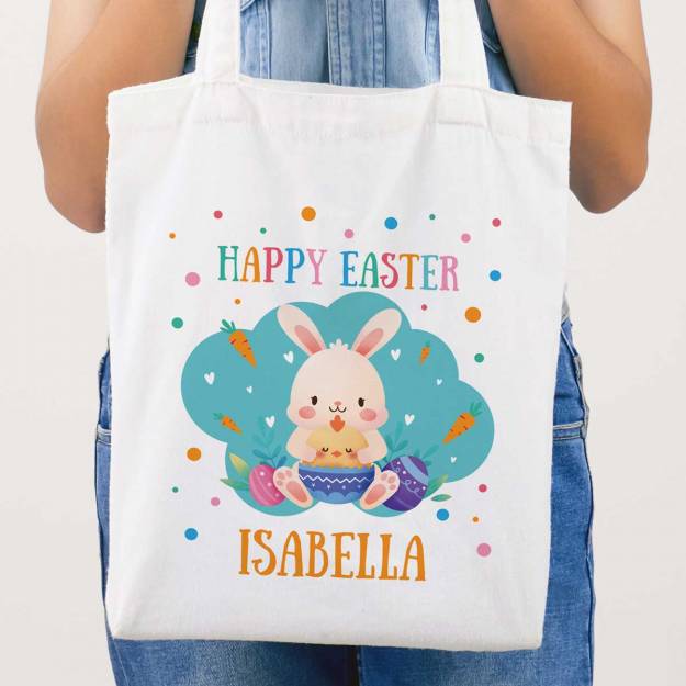 Happy Easter Any Name Bunny And Chick Personalised Tote Bag