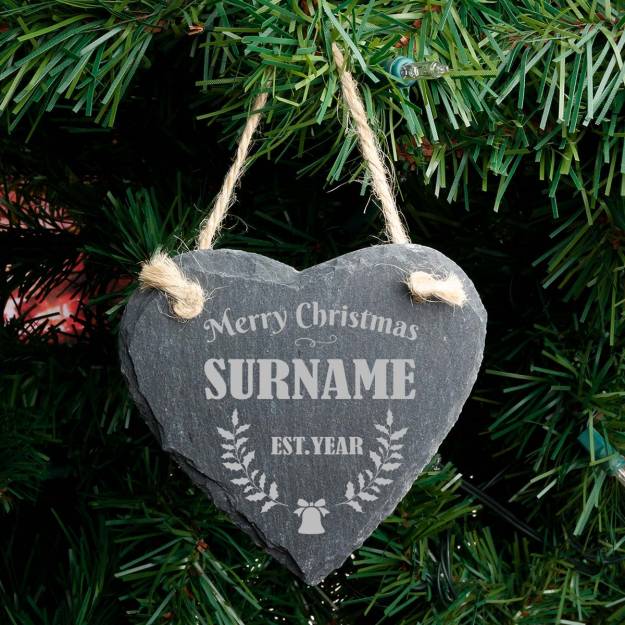 Merry Christmas - Personalised Heart Slate Hanging Decoration