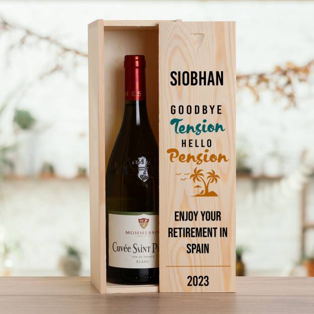 Goodbye Tension Hello Pension on the Beach - Personalised Wooden Single Wine Box