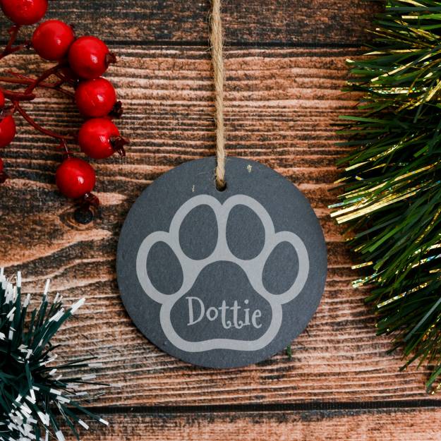 Any Name on Pet's Paw - Personalised Round Slate Hanging Decoration