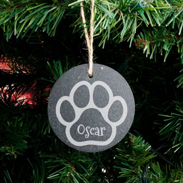 Any Name on Pet's Paw - Personalised Round Slate Hanging Decoration