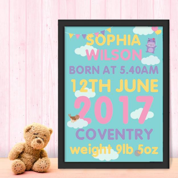 New Born Baby Girl Cute Cloud Personalised Poster