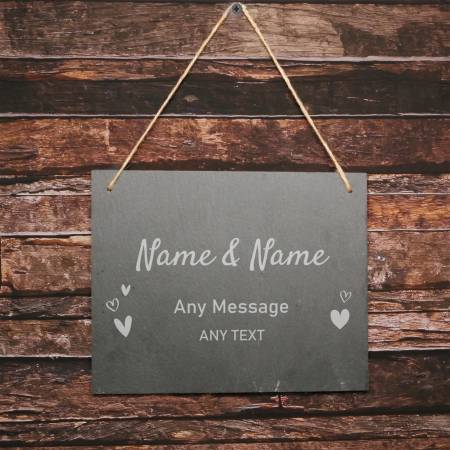 Any Text and Love Hearts - Personalised Large Hanging Slate