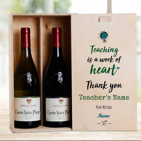 Teaching Is A Work Of Heart Green Personalised Wooden Double Wine Box