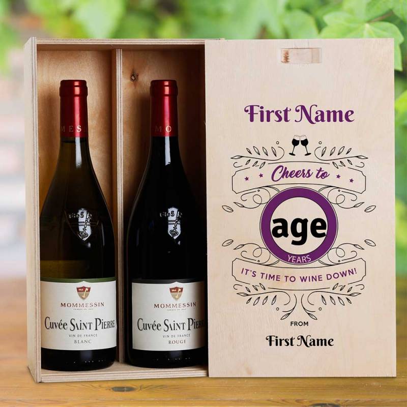 Cheers Birthday Purple Personalised Wooden Double Wine Box (INCLUDES WINE)