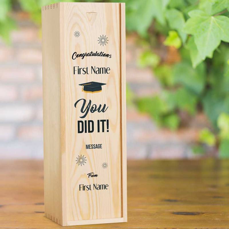 Graduation Personalised Single Wooden Champagne Box (INCLUDES CHAMPAGNE)