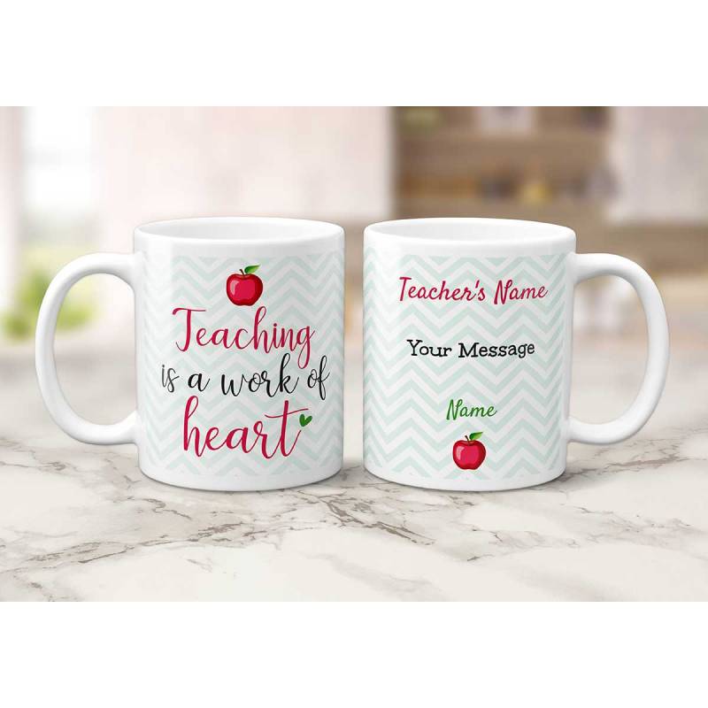 Teaching Is A Work Of Heart Pink Personalised Mug