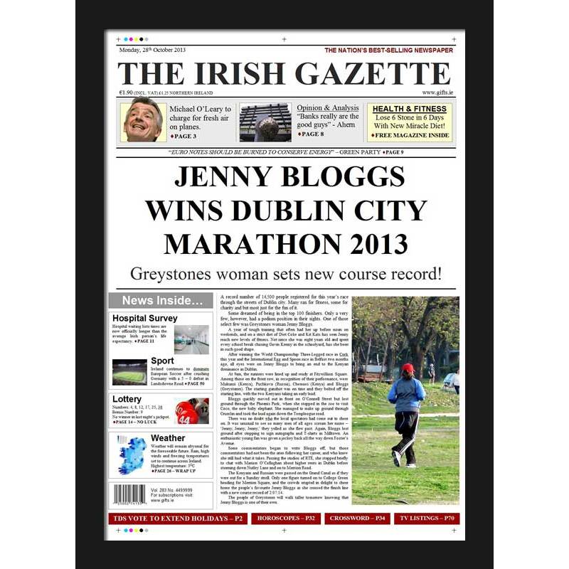 Dublin Marathon Winner - Female Newspaper Spoof