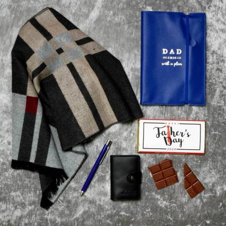 The Father's Day Luxury Grey, Cream & Blue Scarf, Wallet, Notebook & Pen Gift Set