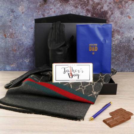 The Father's Day Luxury Grey, Green & Red Scarf, Gloves, Notebook & Pen Gift Set