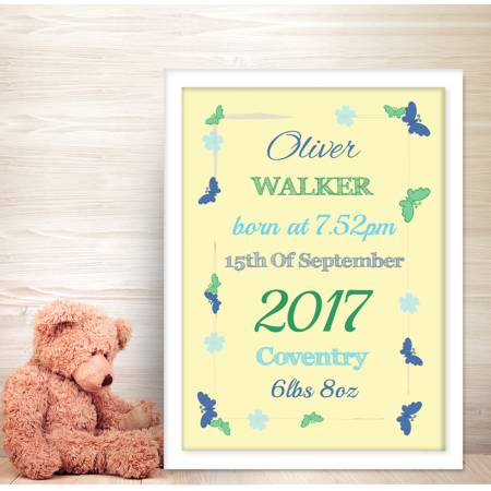 Butterflies Boy Baby Personalised Poster