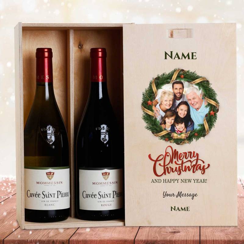 Any Photo Christmas Wreath Personalised Wooden Double Wine Box