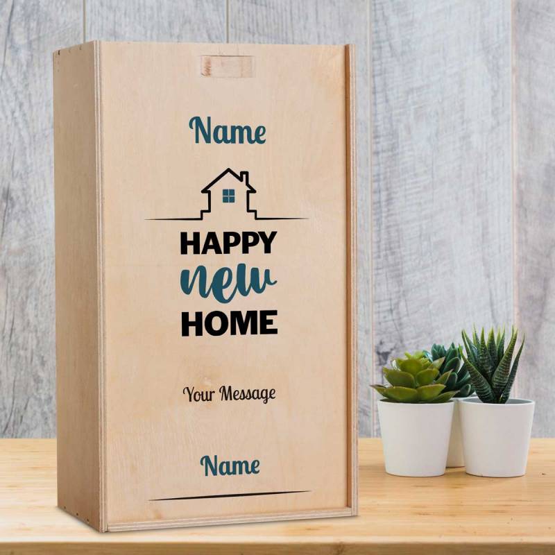 Any Name And Message Happy New Home Blue - Personalised Wooden Double Wine Box